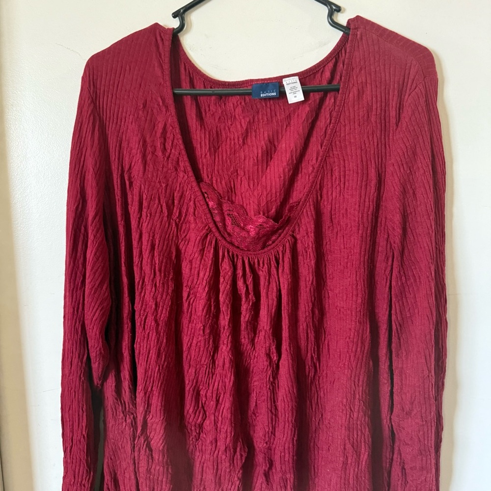 Woman’s Plus Size Burgundy Longsleeve Blouse W Lace At Top Front 3X